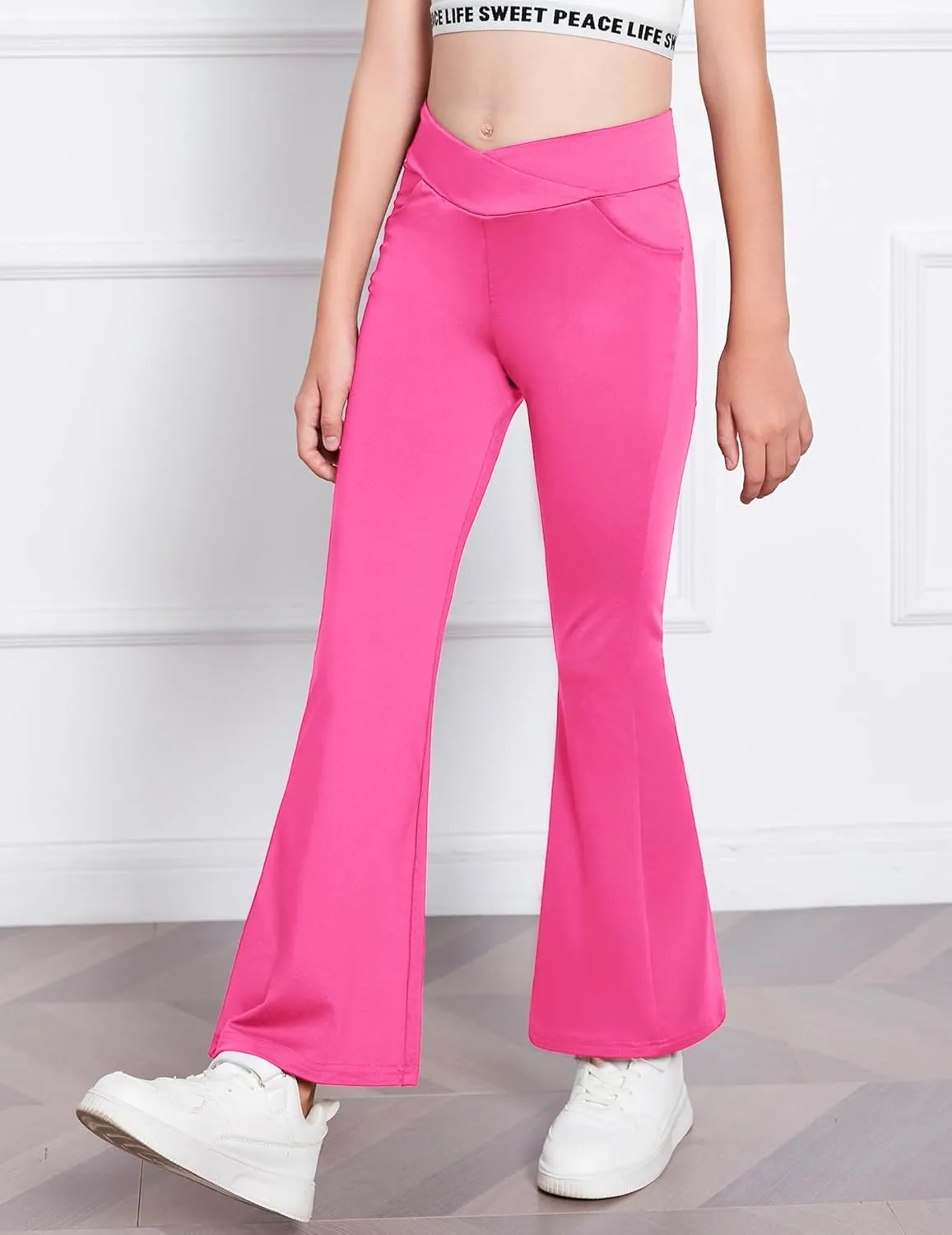 Zaclotre Girls Flare Leggings High Waisted V Crossover Casual Yoga Bell Bottoms with Pockets Pants for Kid