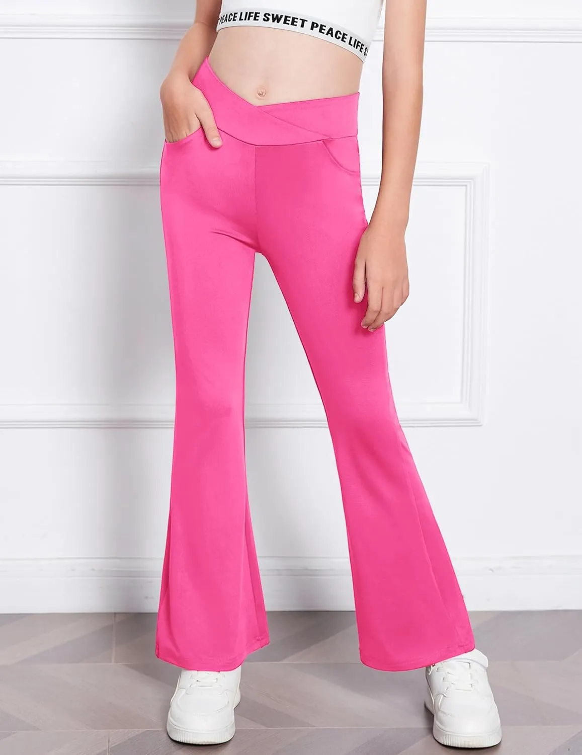 Zaclotre Girls Flare Leggings High Waisted V Crossover Casual Yoga Bell Bottoms with Pockets Pants for Kid