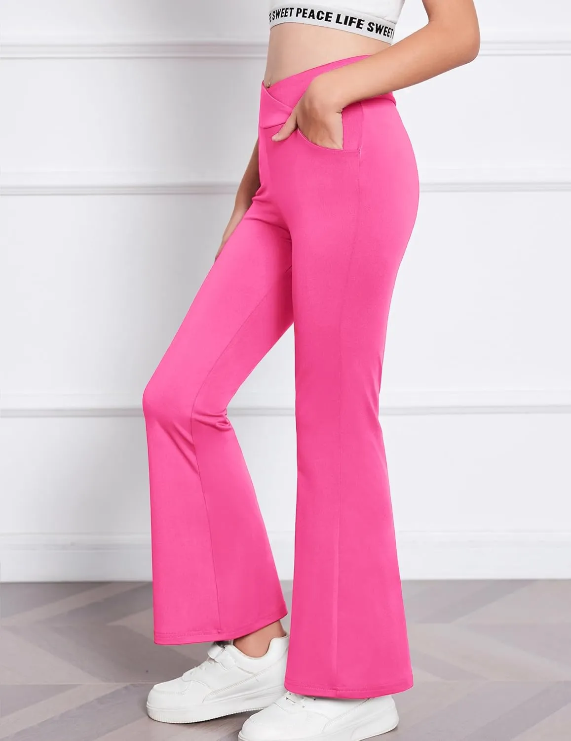 Zaclotre Girls Flare Leggings High Waisted V Crossover Casual Yoga Bell Bottoms with Pockets Pants for Kid