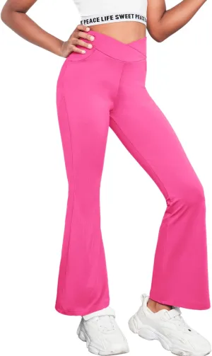 Zaclotre Girls Flare Leggings High Waisted V Crossover Casual Yoga Bell Bottoms with Pockets Pants for Kid